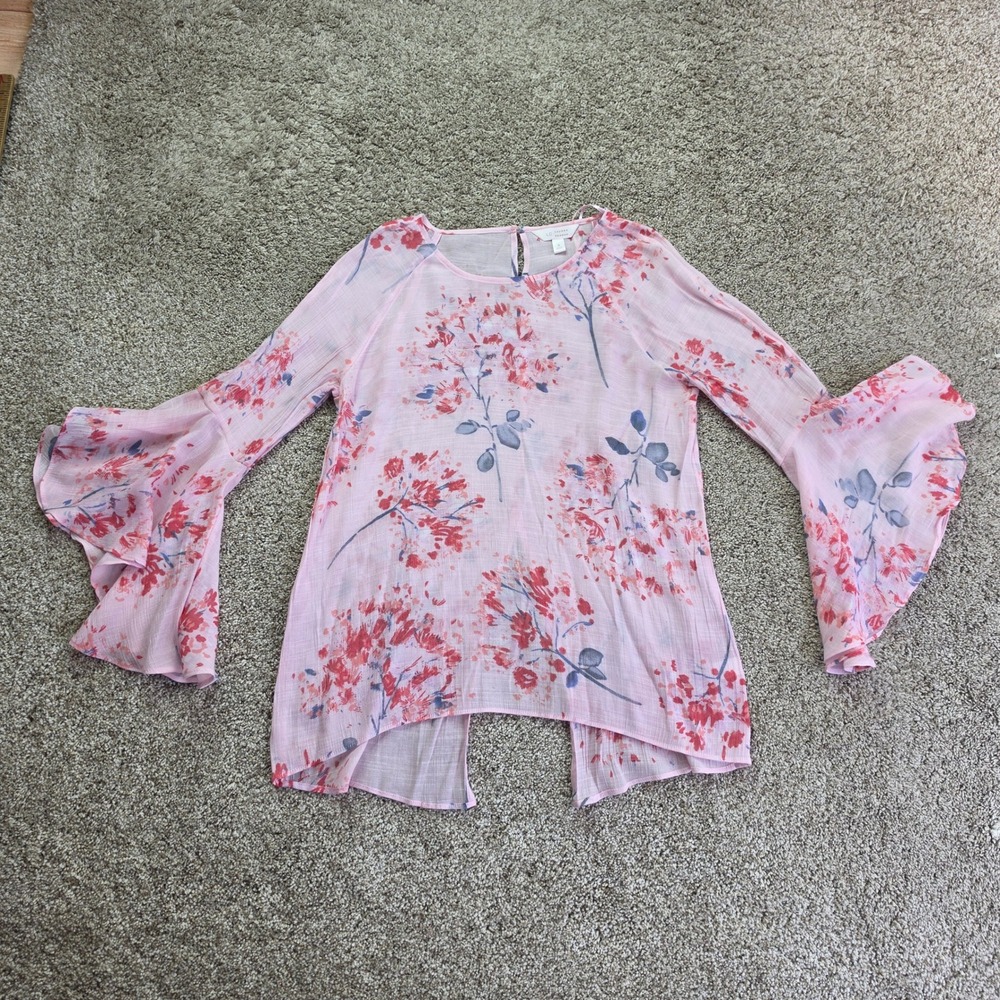 LC Lauren Conrad Floral Bell Sleeve Blouse Womens Small Pink Split Back Top